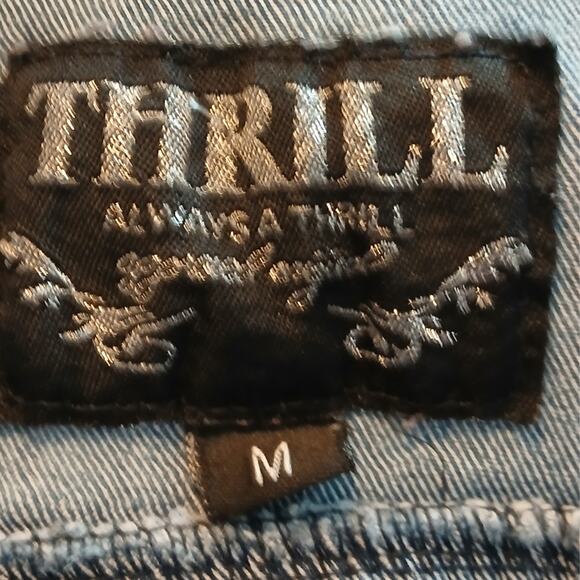 Y2K Thrill Denim Vest Medium Button Up Lace Pocket Collared Hoodless Distressed - Picture 4 of 6